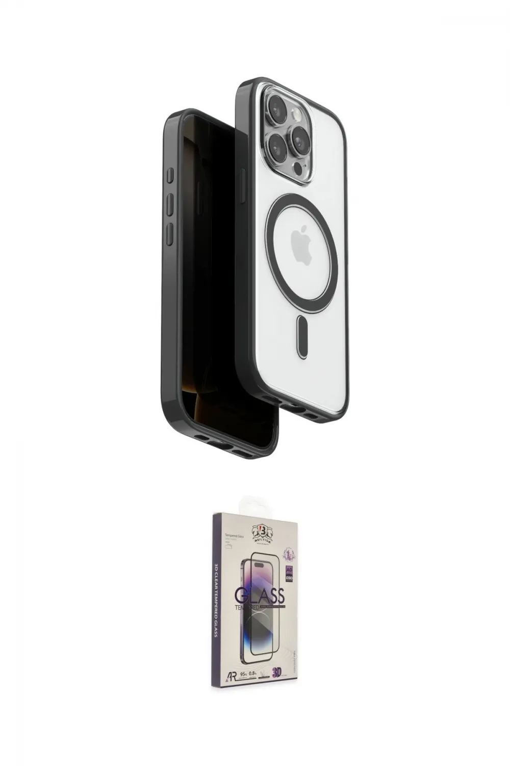 ieg™ iPhone 15 Pro Max Kılıf Pusula Form Serisi - Siyah Bilvis 3D Cam Ekran Koruyucu