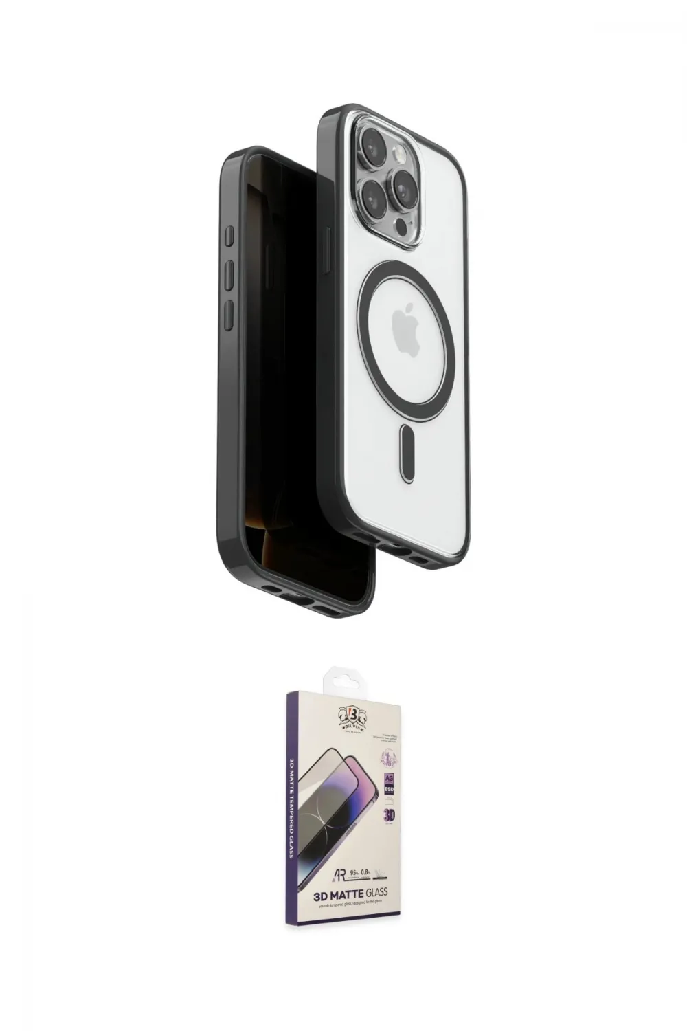 ieg™ iPhone 15 Pro Max Kılıf Pusula Form Serisi - Siyah Bilvis 3D Mat Cam Ekran Koruyucu