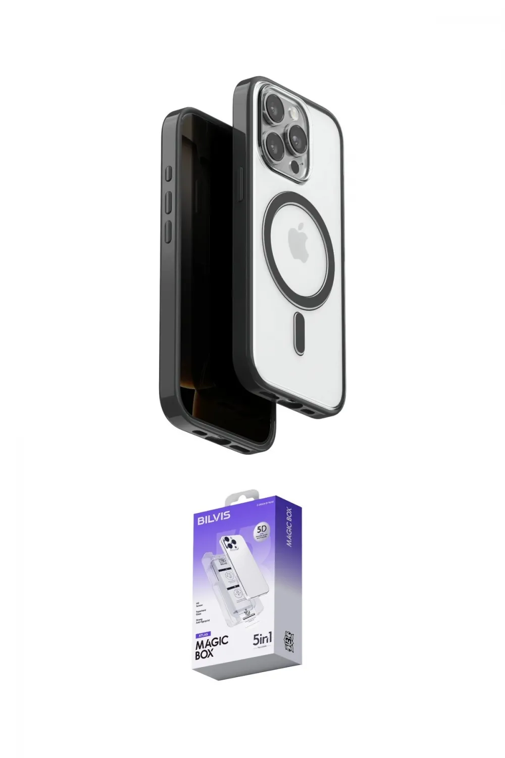 ieg™ iPhone 15 Pro Max Kılıf Pusula Form Serisi - Siyah Bilvis 5in1 3D Magic Cam Ekran Koruyucu