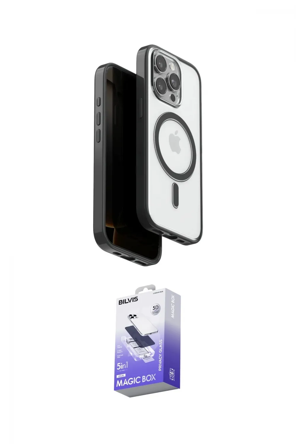 ieg™ iPhone 15 Pro Max Kılıf Pusula Form Serisi - Siyah Bilvis 5in1 5D Magic Hayalet Cam Ekran Koruyucu