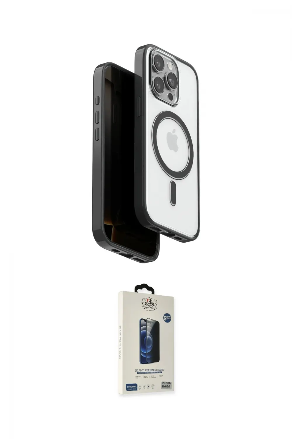 ieg™ iPhone 15 Pro Max Kılıf Pusula Form Serisi - Siyah Bilvis Hayalet Cam Ekran Koruyucu