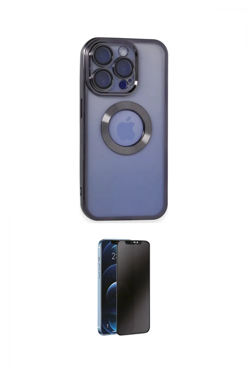 ieg™ iPhone 15 Pro Max Kılıf Pusula Form - Siyah 3D Antistatik Hayalet Cam Ekran Koruyucu