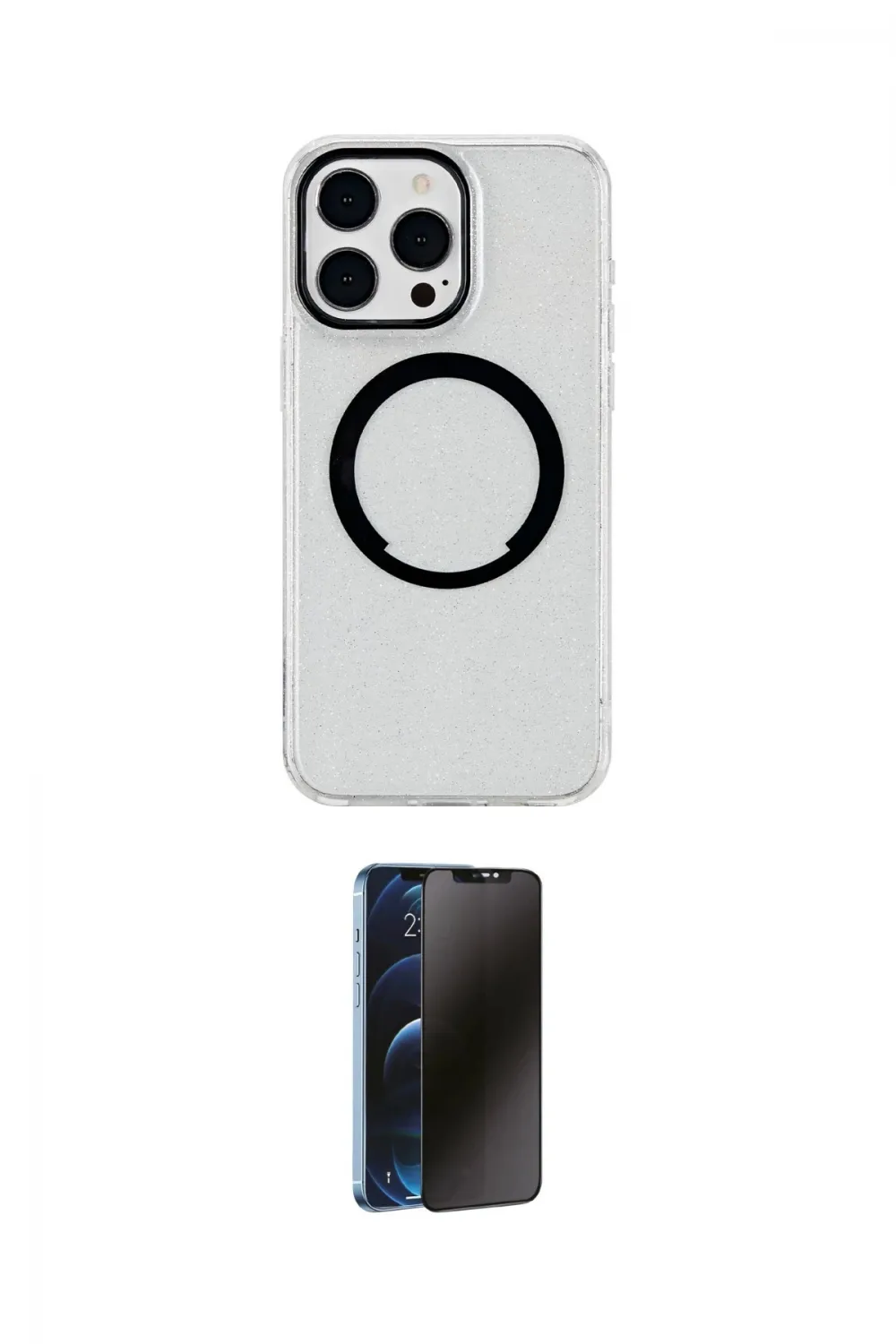 ieg™ iPhone 15 Pro Max Kılıf Pusula Form - Siyah 3D Antistatik Hayalet Cam Ekran Koruyucu