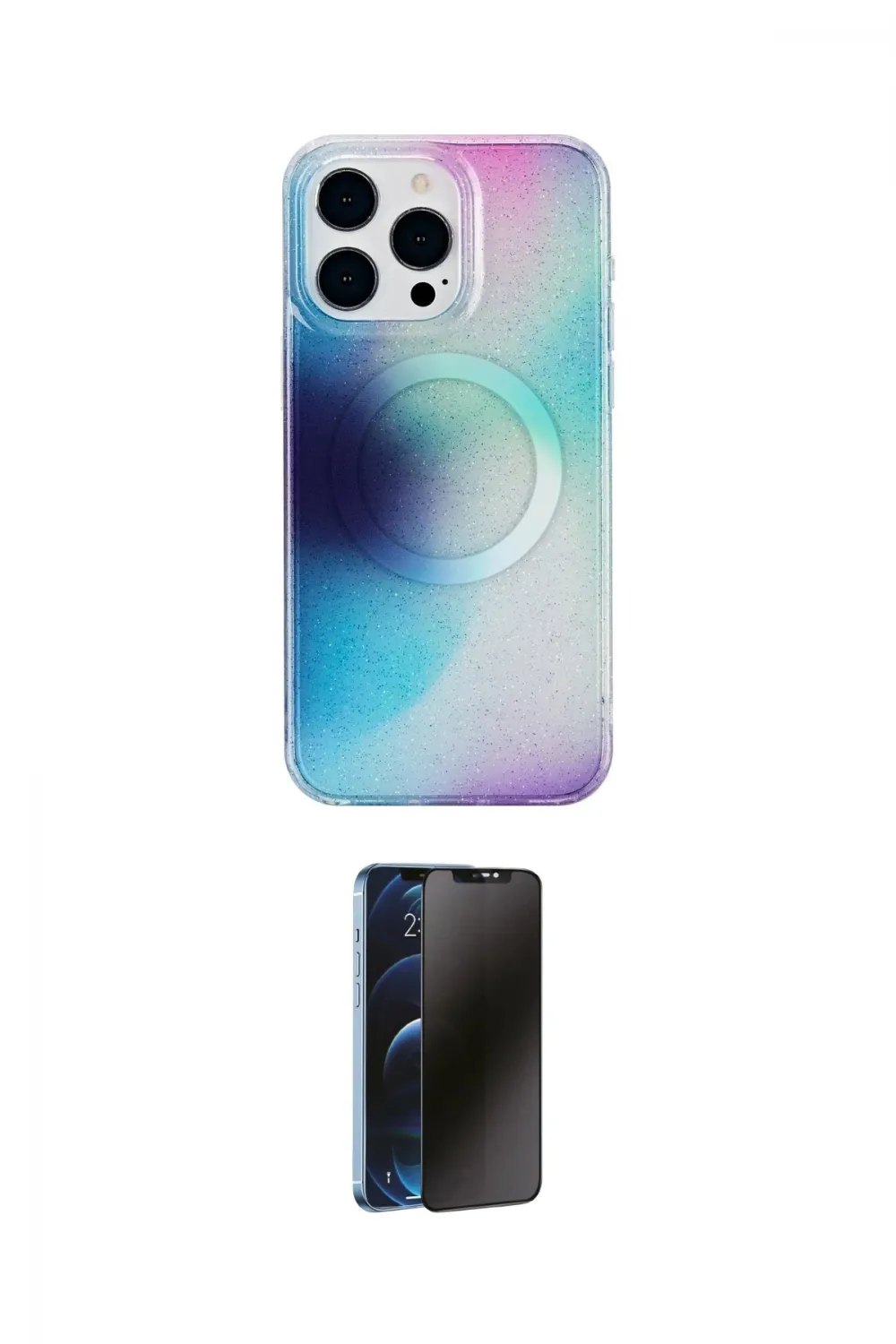 ieg™ iPhone 15 Pro Max Kılıf Pusula Form - Siyah 3D Antistatik Hayalet Cam Ekran Koruyucu