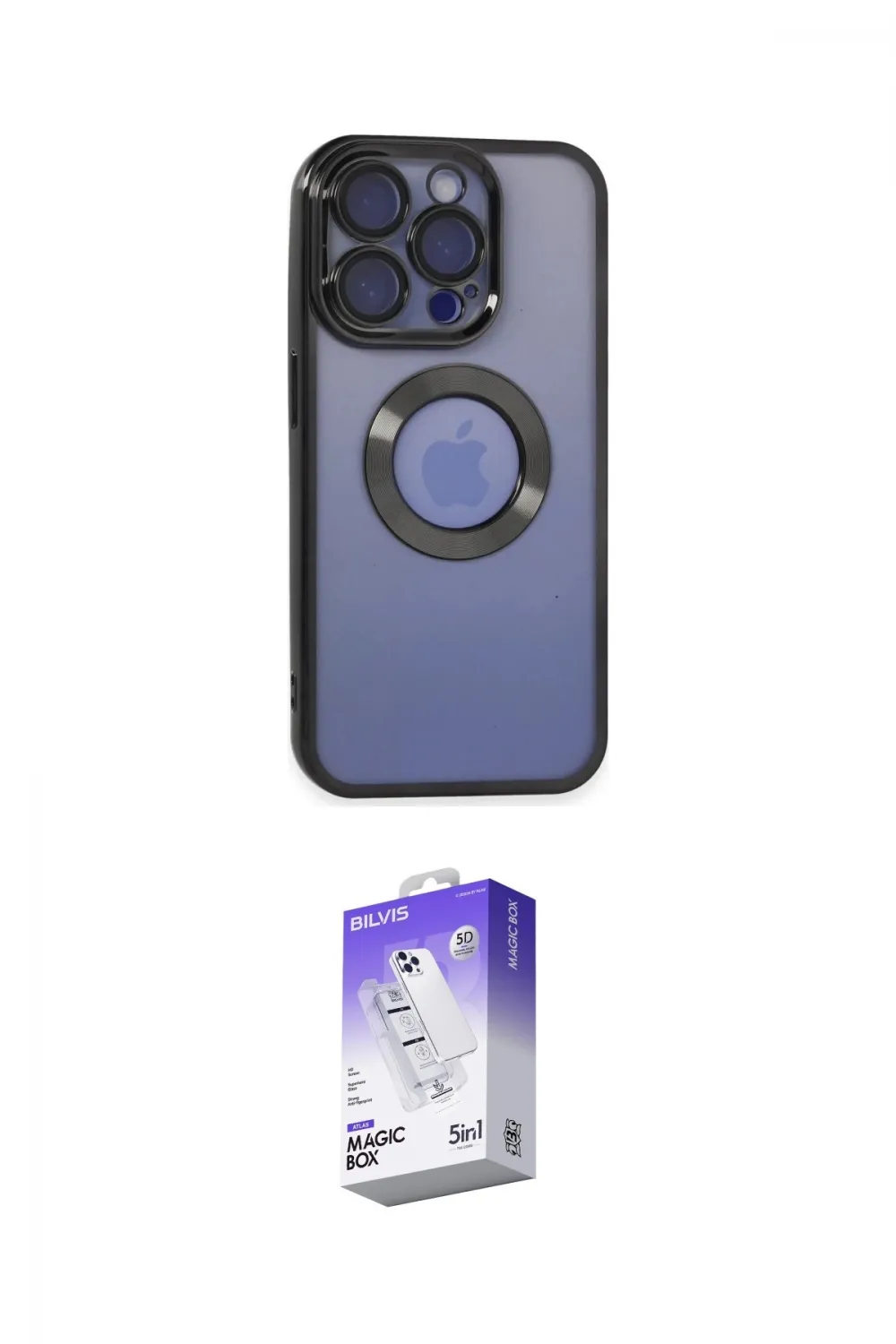 ieg™ iPhone 15 Pro Max Kılıf Pusula Form - Siyah Bilvis 5in1 3D Magic Cam Ekran Koruyucu