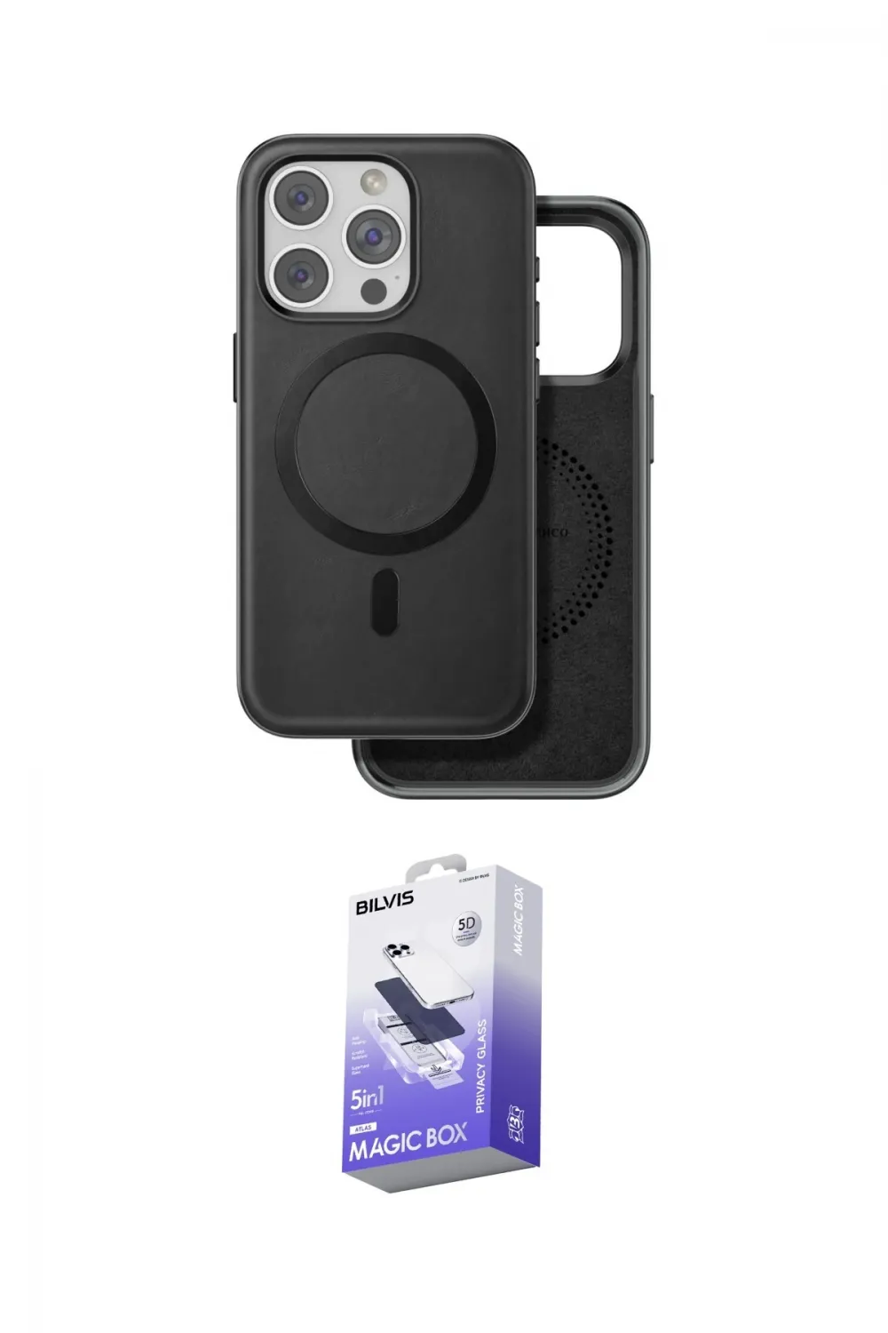 ieg™ iPhone 15 Pro Max Kılıf Pusula Işık Koleksiyonu - Siyah Bilvis 5in1 5D Magic Hayalet Cam Ekran Koruyucu