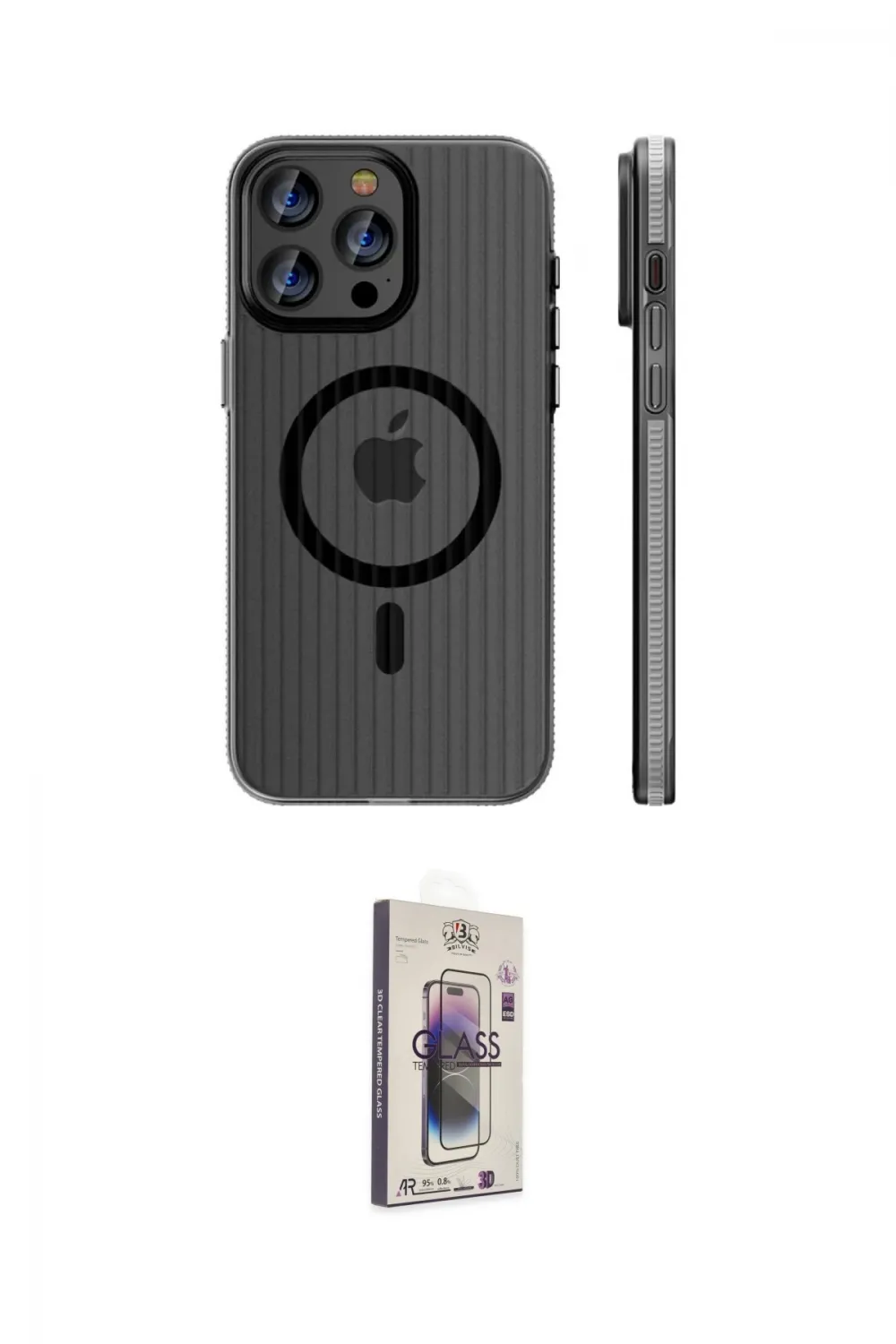 ieg™ iPhone 15 Pro Max Kılıf Pusula Minimal Koleksiyonu - Siyah Bilvis 3D Cam Ekran Koruyucu