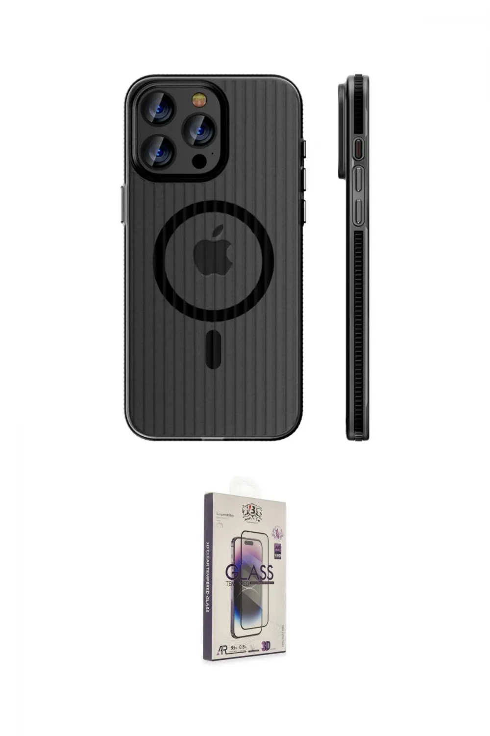 ieg™ iPhone 15 Pro Max Kılıf Pusula Minimal Koleksiyonu - Siyah Bilvis 3D Cam Ekran Koruyucu