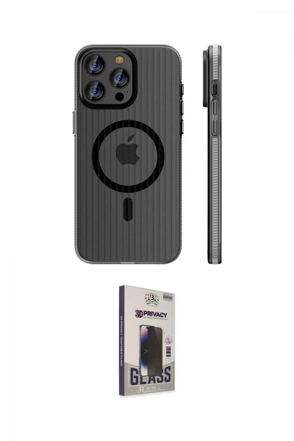 ieg™ iPhone 15 Pro Max Kılıf Pusula Minimal Koleksiyonu - Siyah Bilvis Hayalet Cam Ekran Koruyucu