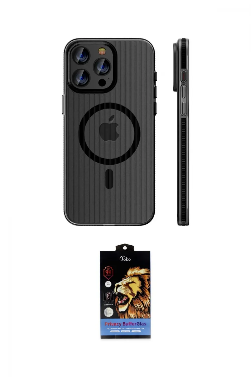 ieg™ iPhone 15 Pro Max Kılıf Pusula Minimal Koleksiyonu - Siyah Buffer Hayalet Cam Ekran Koruyucu