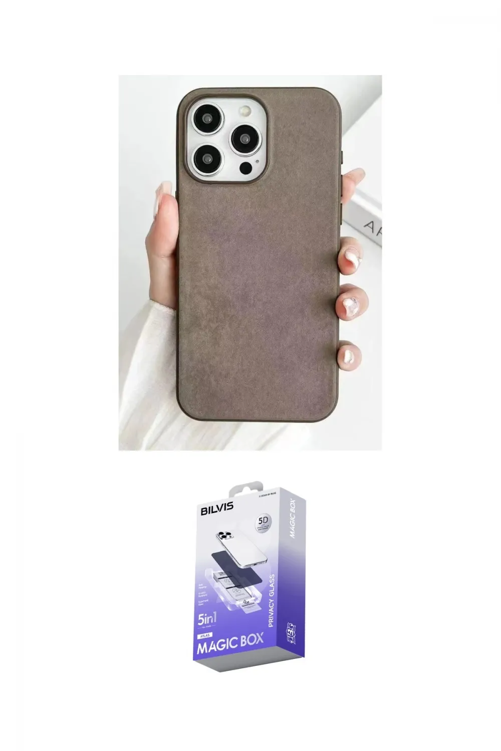 ieg™ iPhone 15 Pro Max Kılıf Pusula Modern - Siyah Bilvis 5in1 5D Magic Hayalet Cam Ekran Koruyucu