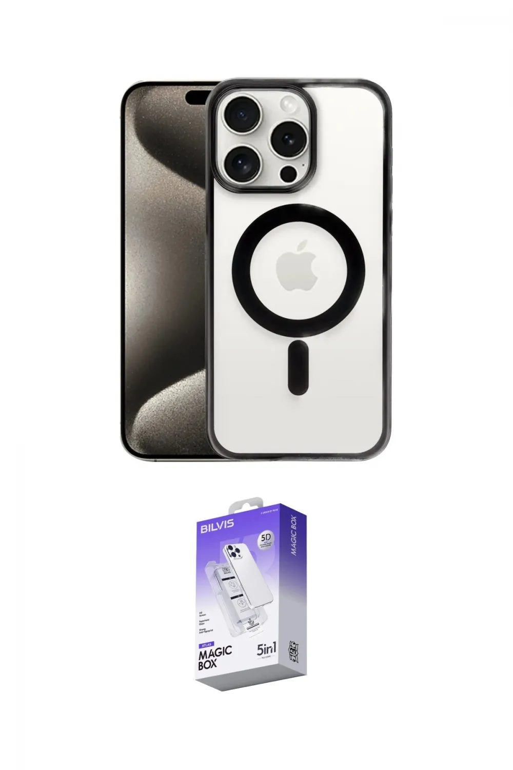ieg™ iPhone 15 Pro Max Kılıf Siluet Çizgi Serisi - Siyah Bilvis 5in1 3D Magic Cam Ekran Koruyucu