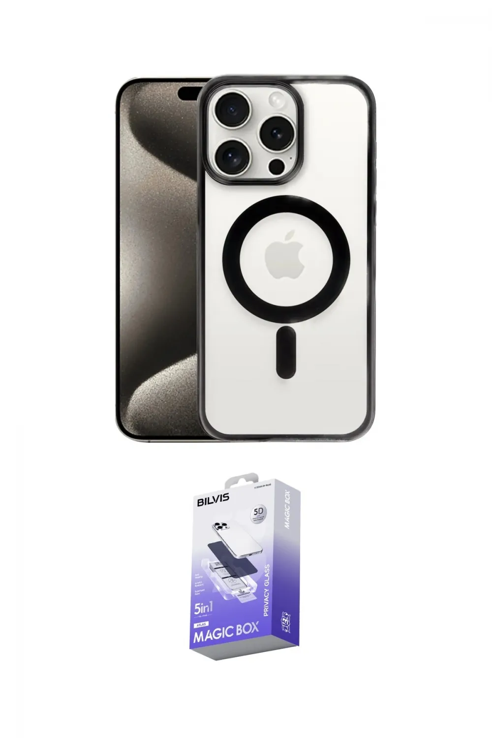 ieg™ iPhone 15 Pro Max Kılıf Siluet Çizgi Serisi - Siyah Bilvis 5in1 5D Magic Hayalet Cam Ekran Koruyucu