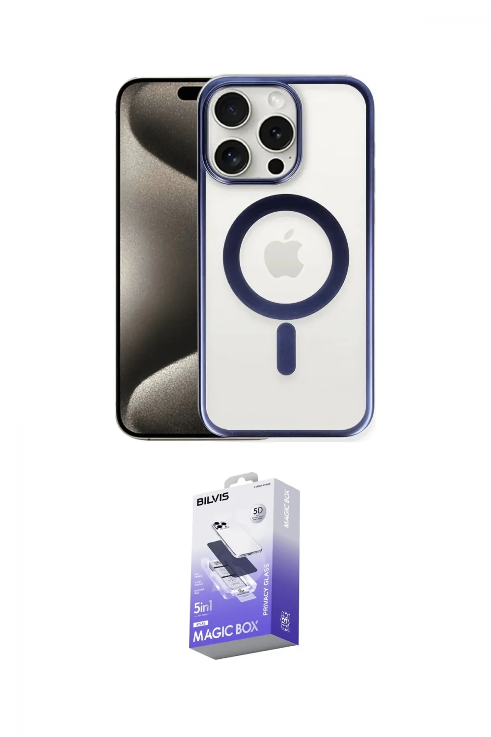 ieg™ iPhone 15 Pro Max Kılıf Siluet Çizgi Serisi - Siyah Bilvis 5in1 5D Magic Hayalet Cam Ekran Koruyucu