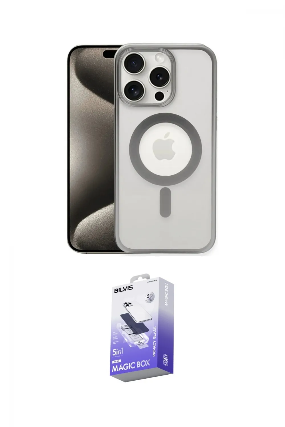 ieg™ iPhone 15 Pro Max Kılıf Siluet Çizgi Serisi - Siyah Bilvis 5in1 5D Magic Hayalet Cam Ekran Koruyucu