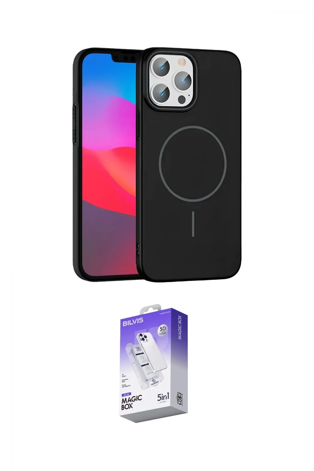 ieg™ iPhone 15 Pro Max Kılıf Siluet Doku Özel Seri - Siyah Bilvis 5in1 3D Magic Cam Ekran Koruyucu