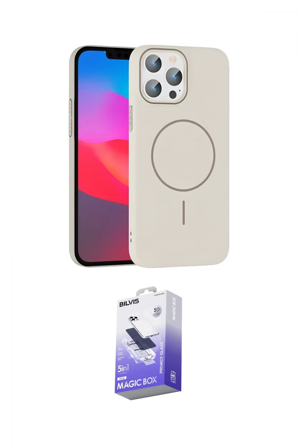 ieg™ iPhone 15 Pro Max Kılıf Siluet Doku Özel Seri - Siyah Bilvis 5in1 5D Magic Hayalet Cam Ekran Koruyucu