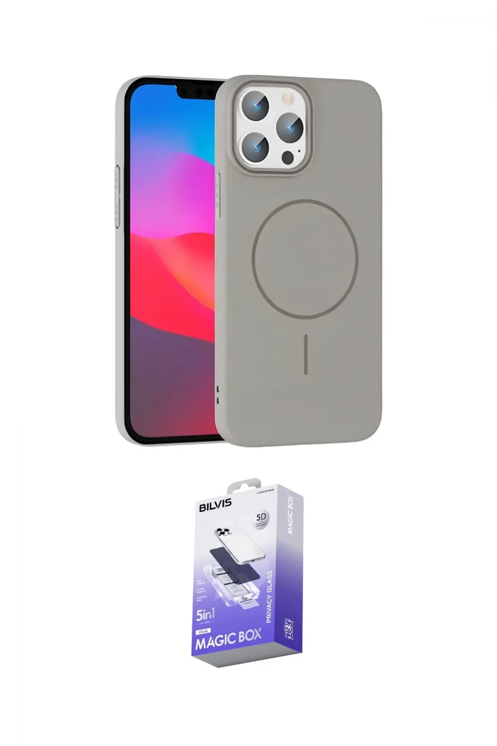 ieg™ iPhone 15 Pro Max Kılıf Siluet Doku Özel Seri - Siyah Bilvis 5in1 5D Magic Hayalet Cam Ekran Koruyucu