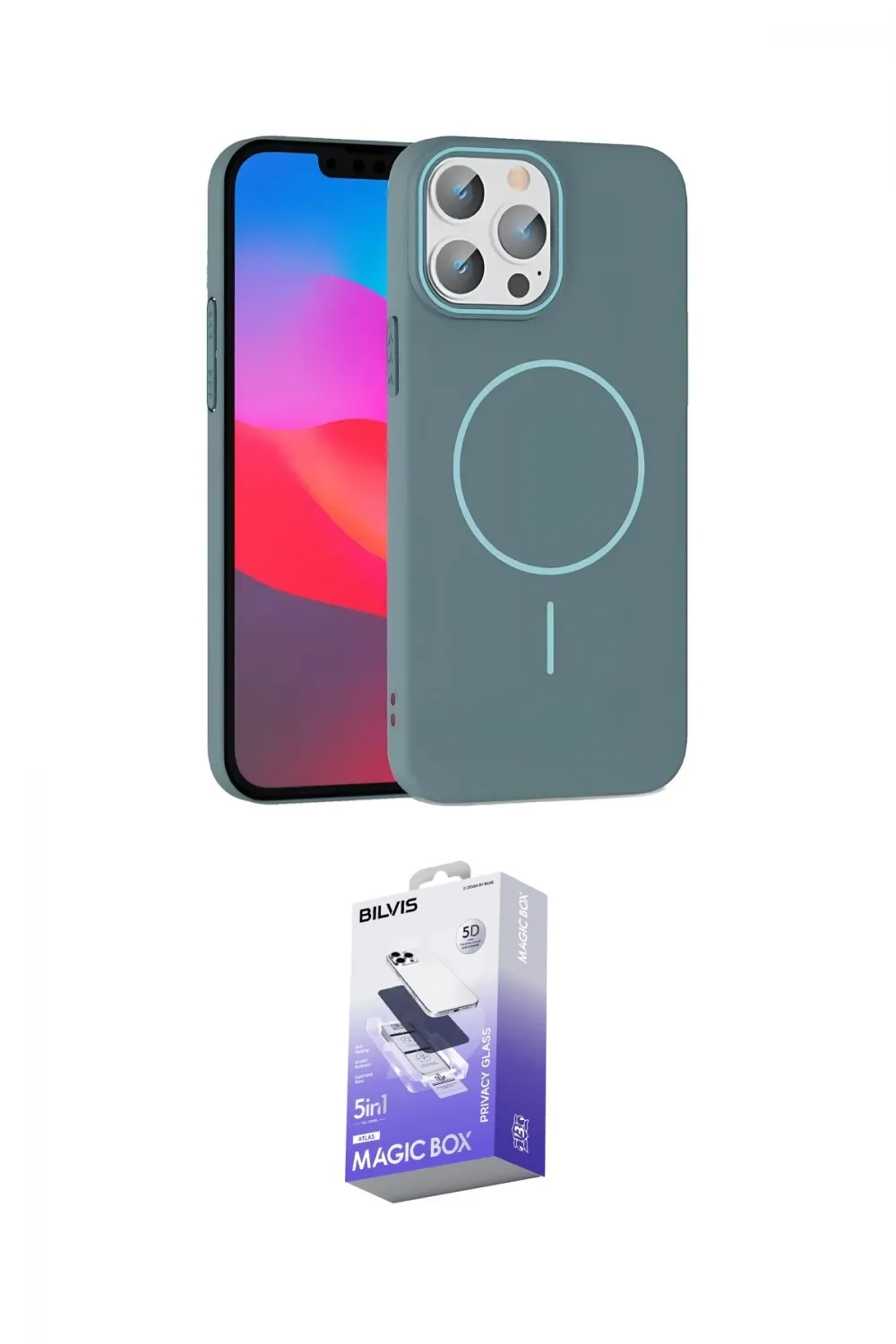 ieg™ iPhone 15 Pro Max Kılıf Siluet Doku Özel Seri - Siyah Bilvis 5in1 5D Magic Hayalet Cam Ekran Koruyucu
