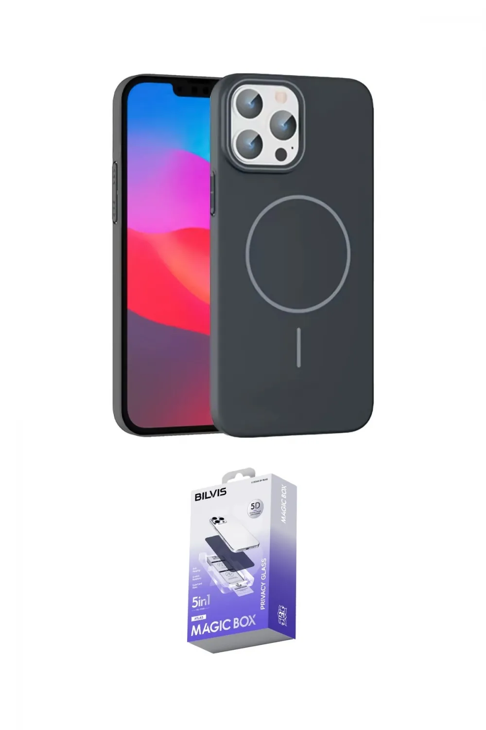 ieg™ iPhone 15 Pro Max Kılıf Siluet Doku Özel Seri - Siyah Bilvis 5in1 5D Magic Hayalet Cam Ekran Koruyucu