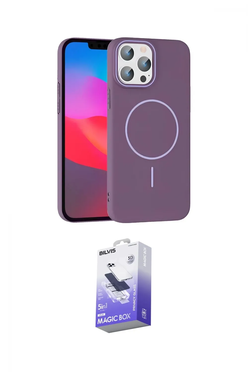 ieg™ iPhone 15 Pro Max Kılıf Siluet Doku Özel Seri - Siyah Bilvis 5in1 5D Magic Hayalet Cam Ekran Koruyucu
