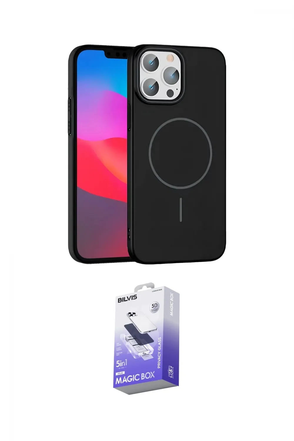 ieg™ iPhone 15 Pro Max Kılıf Siluet Doku Özel Seri - Siyah Bilvis 5in1 5D Magic Hayalet Cam Ekran Koruyucu