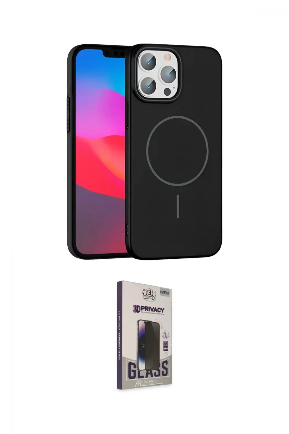 ieg™ iPhone 15 Pro Max Kılıf Siluet Doku Özel Seri - Siyah Bilvis Hayalet Cam Ekran Koruyucu