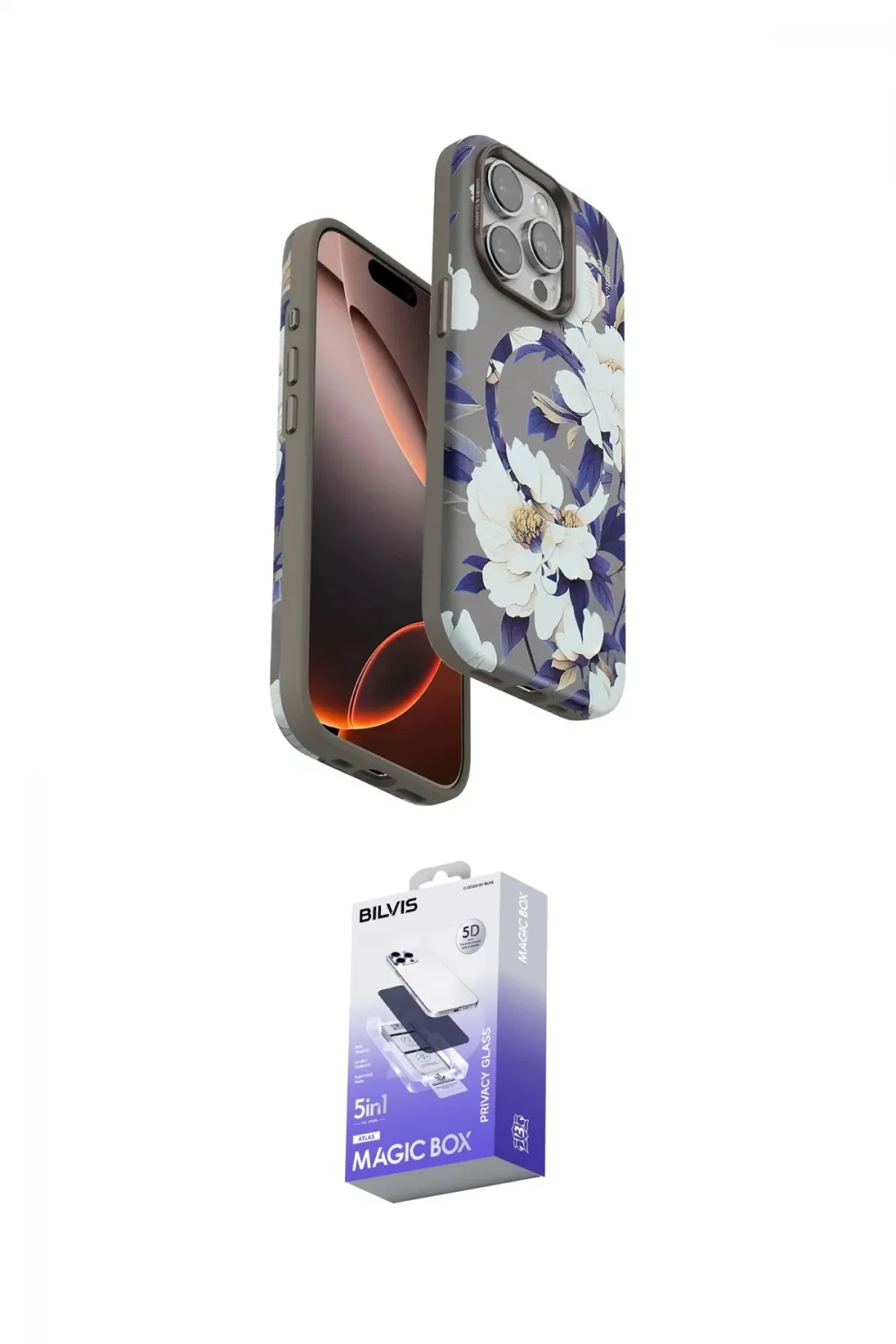 ieg™ iPhone 15 Pro Max Kılıf Siluet Doku - Siyah Bilvis 5in1 5D Magic Hayalet Cam Ekran Koruyucu