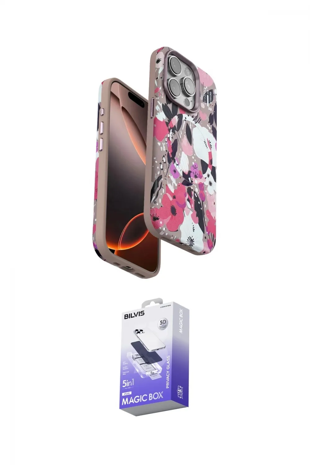 ieg™ iPhone 15 Pro Max Kılıf Siluet Doku - Siyah Bilvis 5in1 5D Magic Hayalet Cam Ekran Koruyucu