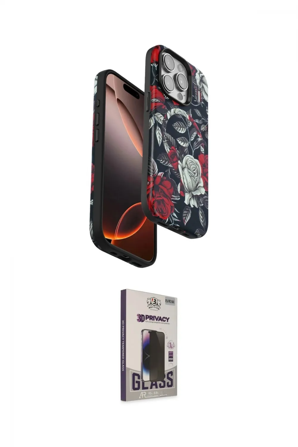 ieg™ iPhone 15 Pro Max Kılıf Siluet Doku - Siyah Bilvis Hayalet Cam Ekran Koruyucu