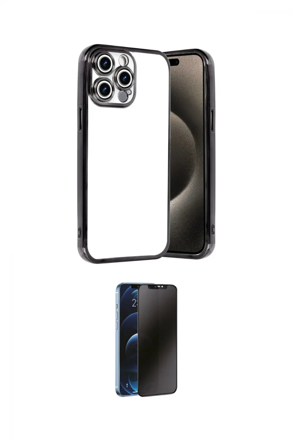 ieg™ iPhone 15 Pro Max Kılıf Vadi Minimal - Siyah 3D Antistatik Hayalet Cam Ekran Koruyucu