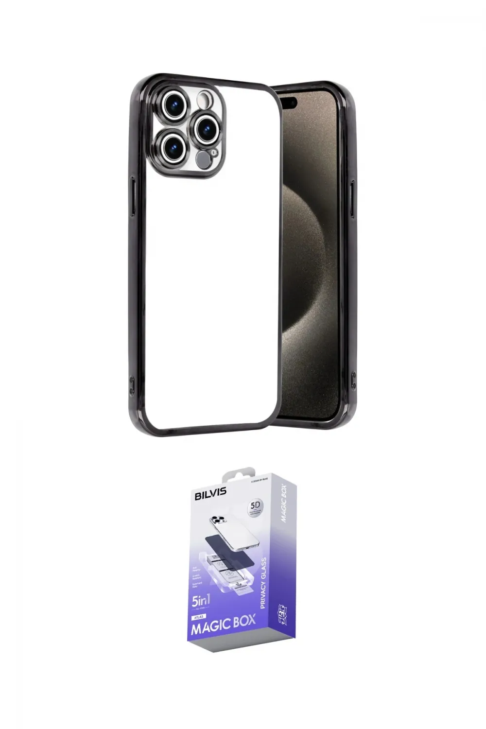 ieg™ iPhone 15 Pro Max Kılıf Vadi Minimal - Siyah Bilvis 5in1 5D Magic Hayalet Cam Ekran Koruyucu