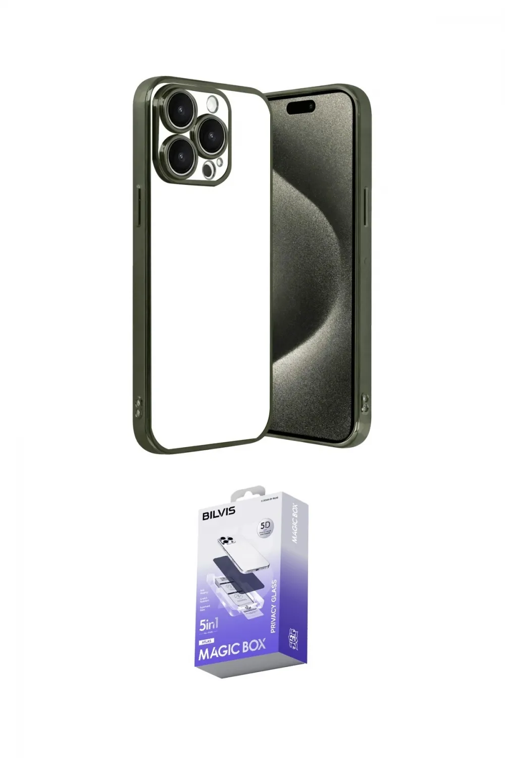 ieg™ iPhone 15 Pro Max Kılıf Vadi Minimal - Siyah Bilvis 5in1 5D Magic Hayalet Cam Ekran Koruyucu