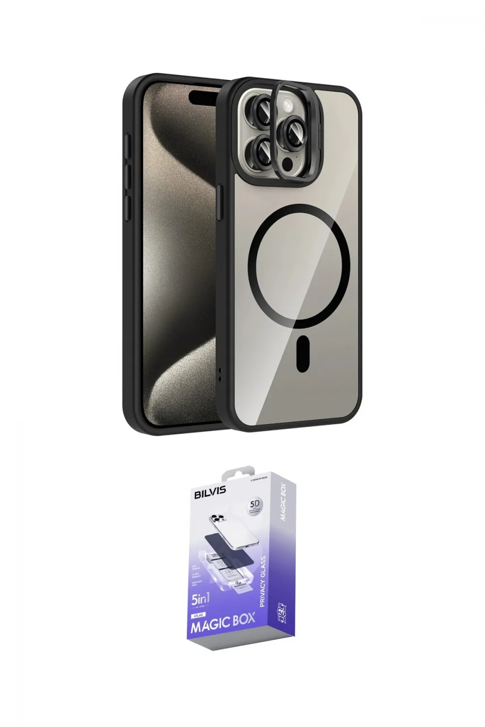 ieg™ iPhone 15 Pro Max Kılıf Yadigar Asil Koleksiyonu - Siyah Bilvis 5in1 5D Magic Hayalet Cam Ekran Koruyucu