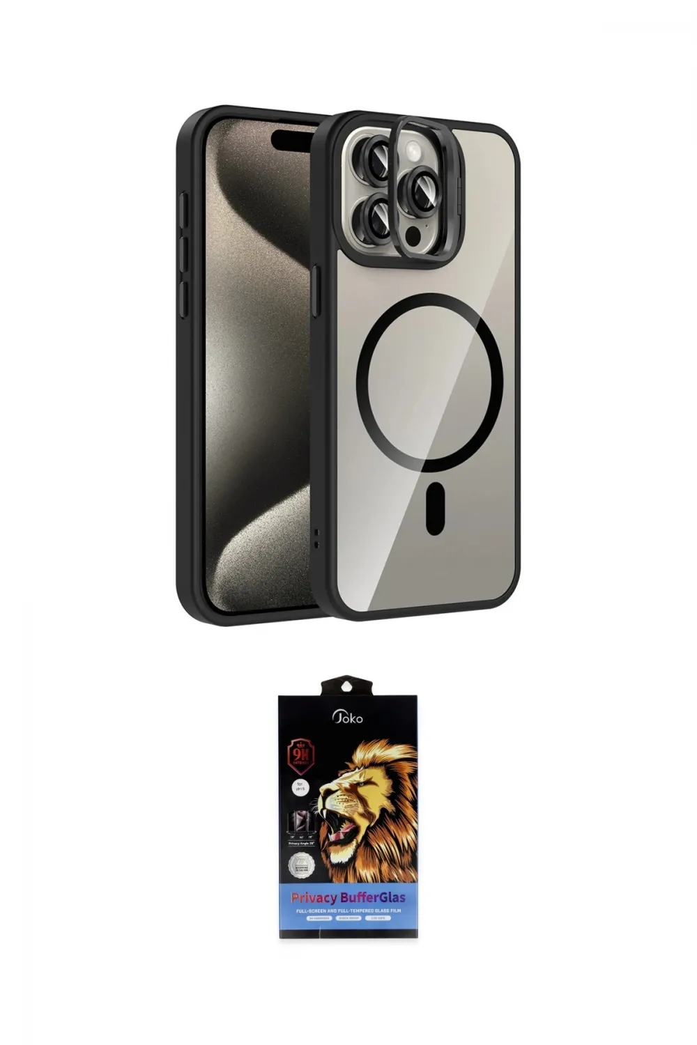 ieg™ iPhone 15 Pro Max Kılıf Yadigar Asil Koleksiyonu - Siyah Buffer Hayalet Cam Ekran Koruyucu