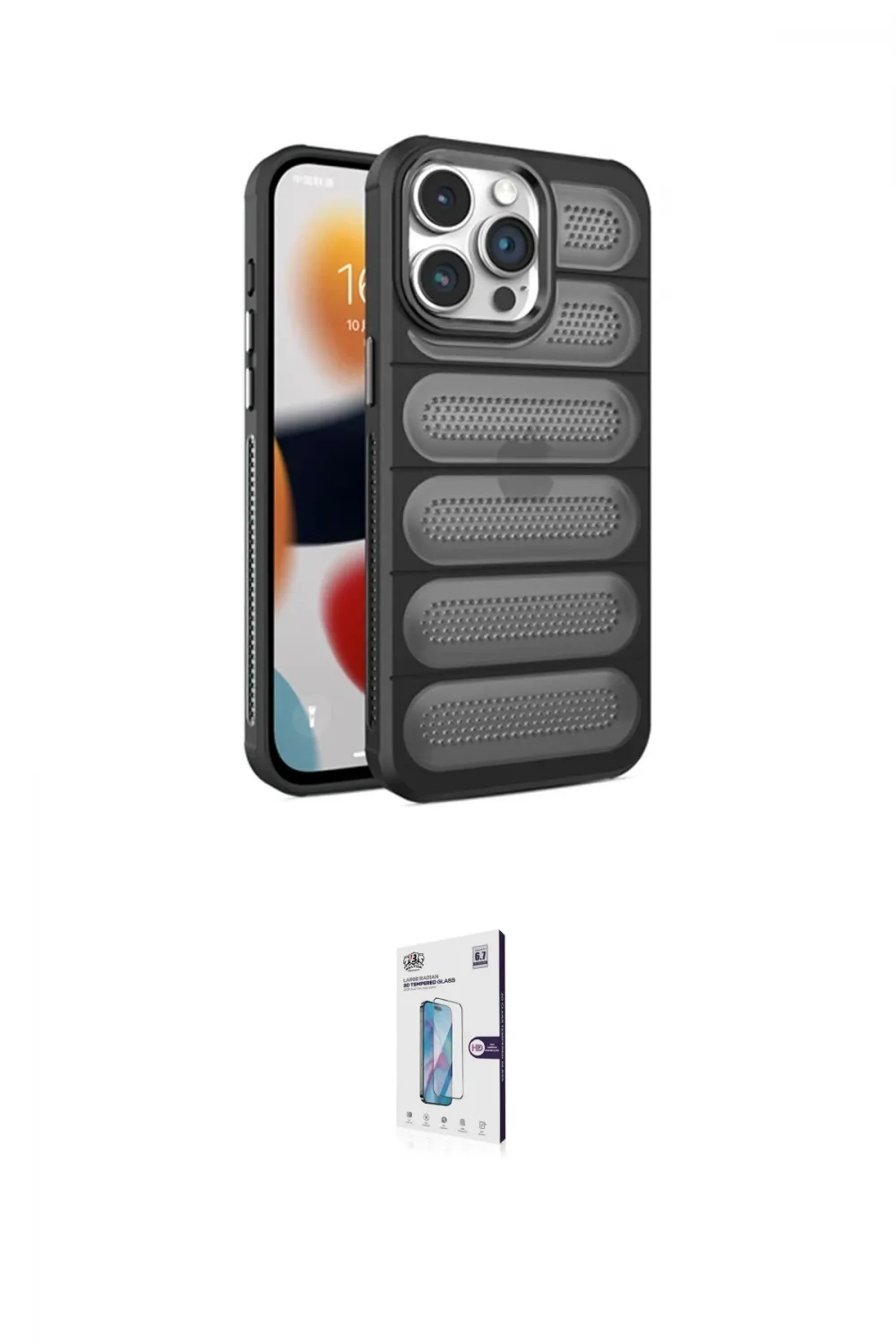 ieg™ iPhone 15 Pro Max Kılıf Yadigar Doku Özel Seri - Siyah Bilvis 0.18mm Plus Cam Ekran Koruyucu