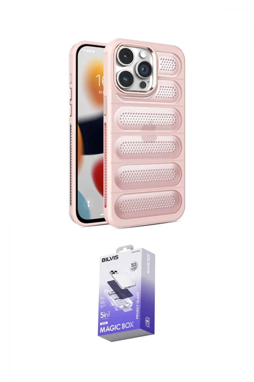 ieg™ iPhone 15 Pro Max Kılıf Yadigar Doku Özel Seri - Siyah Bilvis 5in1 5D Magic Hayalet Cam Ekran Koruyucu