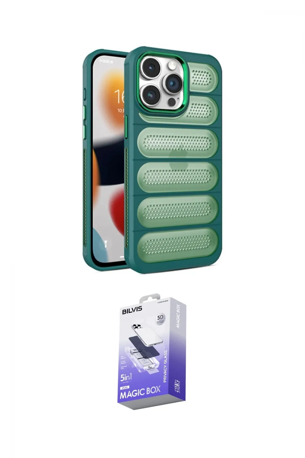 ieg™ iPhone 15 Pro Max Kılıf Yadigar Doku Özel Seri - Siyah Bilvis 5in1 5D Magic Hayalet Cam Ekran Koruyucu