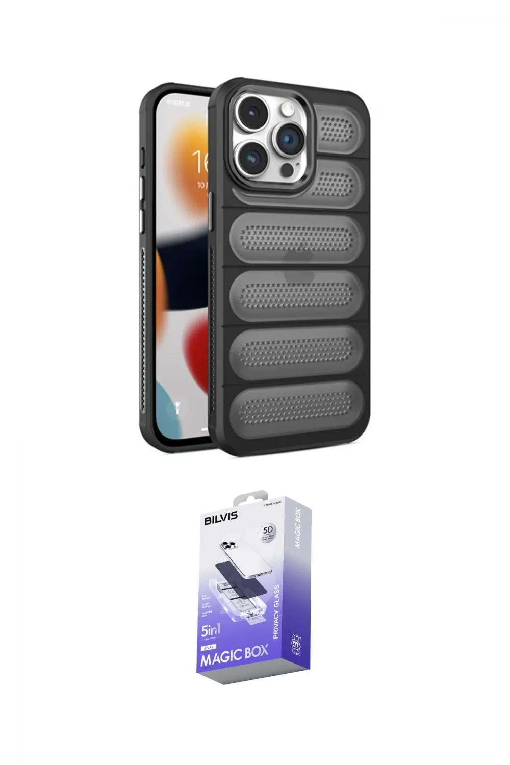 ieg™ iPhone 15 Pro Max Kılıf Yadigar Doku Özel Seri - Siyah Bilvis 5in1 5D Magic Hayalet Cam Ekran Koruyucu