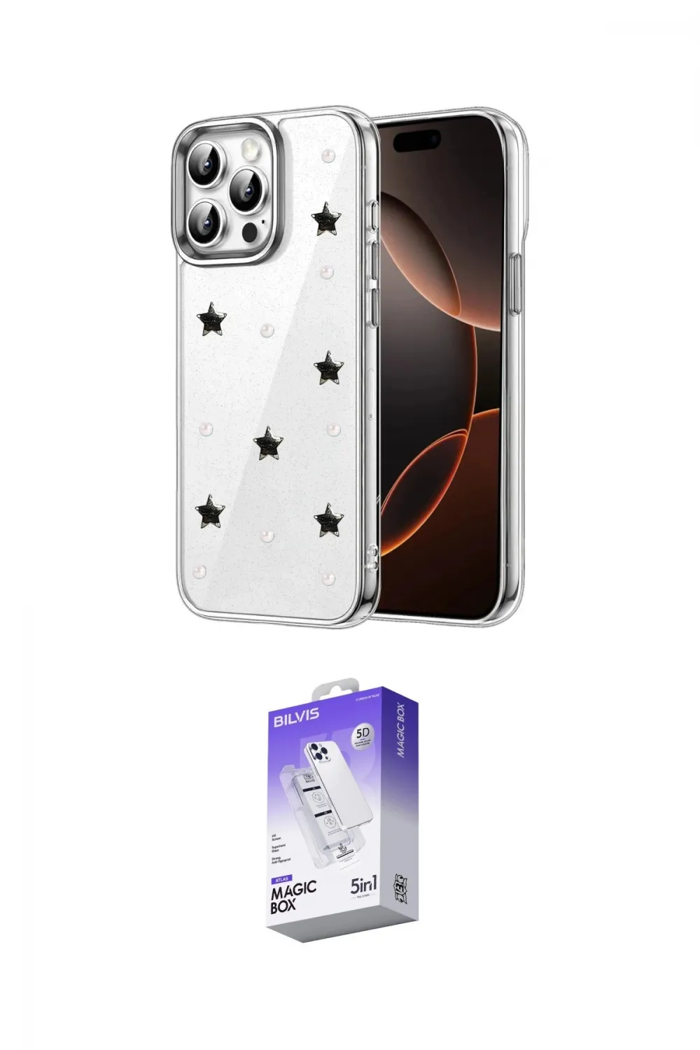 ieg™ iPhone 15 Pro Max Kılıf Yörünge Form - Siyah Bilvis 5in1 3D Magic Cam Ekran Koruyucu