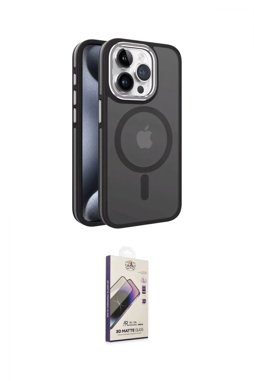 ieg™ iPhone 15 Pro Max Kılıf Yörünge Klasik - Siyah Bilvis 3D Mat Cam Ekran Koruyucu