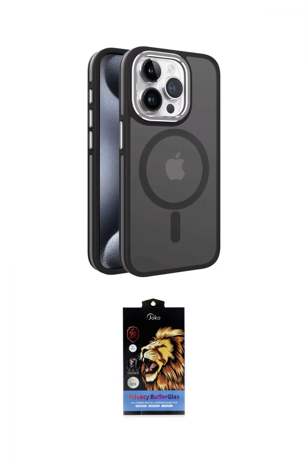 ieg™ iPhone 15 Pro Max Kılıf Yörünge Klasik - Siyah Buffer Hayalet Cam Ekran Koruyucu
