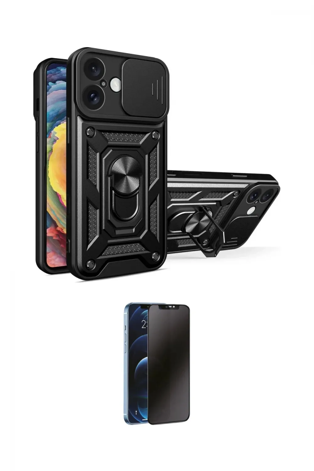 ieg™ iPhone 16 Kılıf Ahenk Klasik - Siyah 3D Antistatik Hayalet Cam Ekran Koruyucu