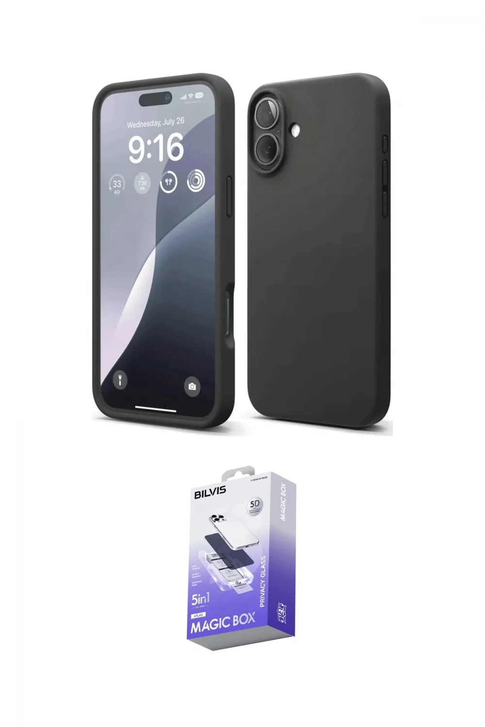 ieg™ iPhone 16 Kılıf Ahenk Serisi - Siyah Bilvis 5in1 5D Magic Hayalet Cam Ekran Koruyucu