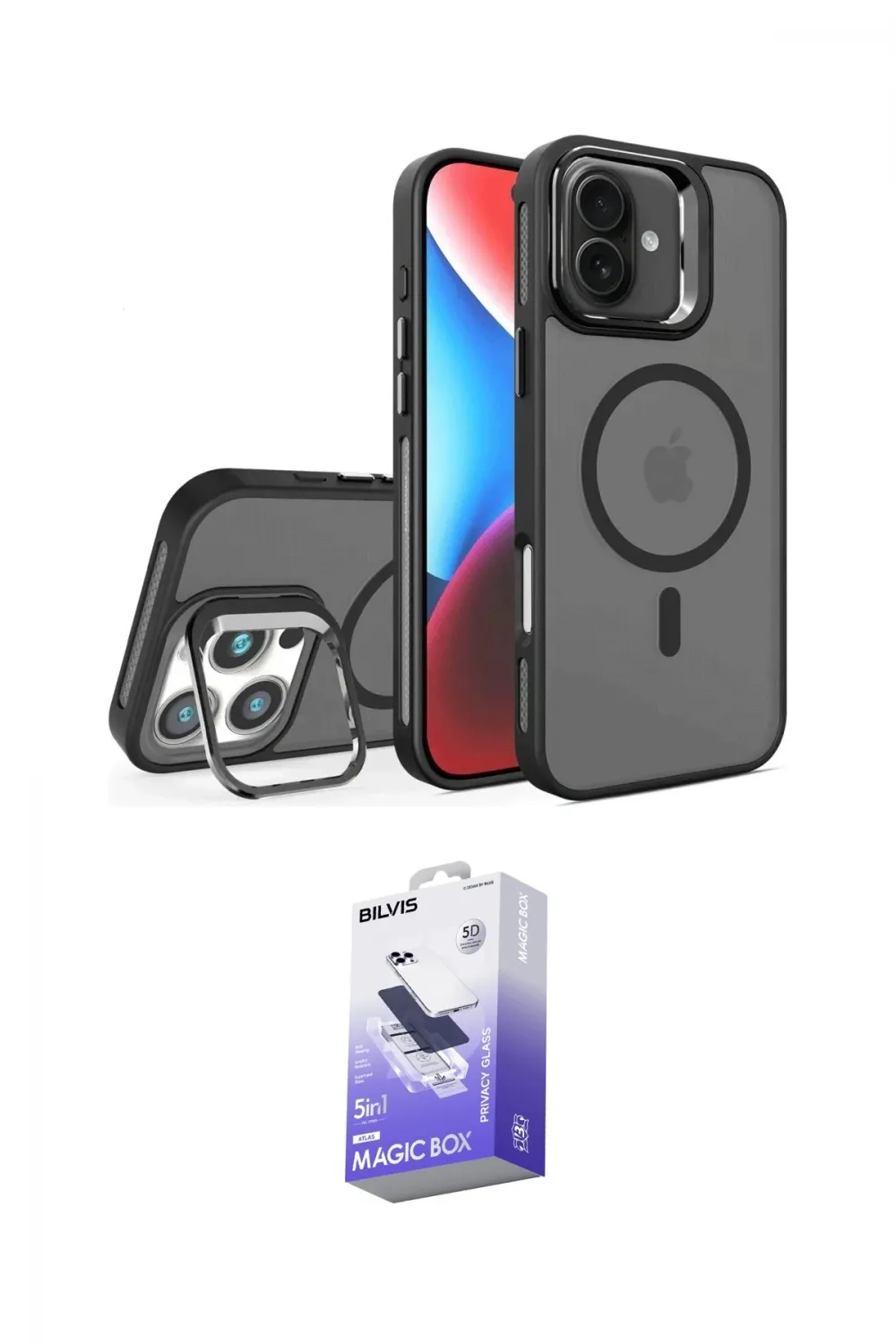 ieg™ iPhone 16 Kılıf Akış Form - Siyah Bilvis 5in1 5D Magic Hayalet Cam Ekran Koruyucu