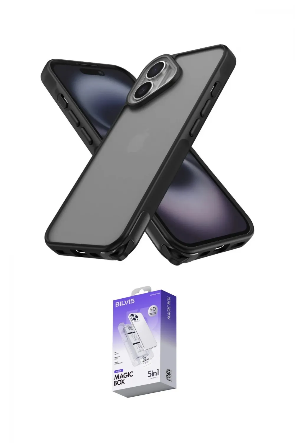 ieg™ iPhone 16 Kılıf Atlas Form - Siyah Bilvis 5in1 3D Magic Cam Ekran Koruyucu