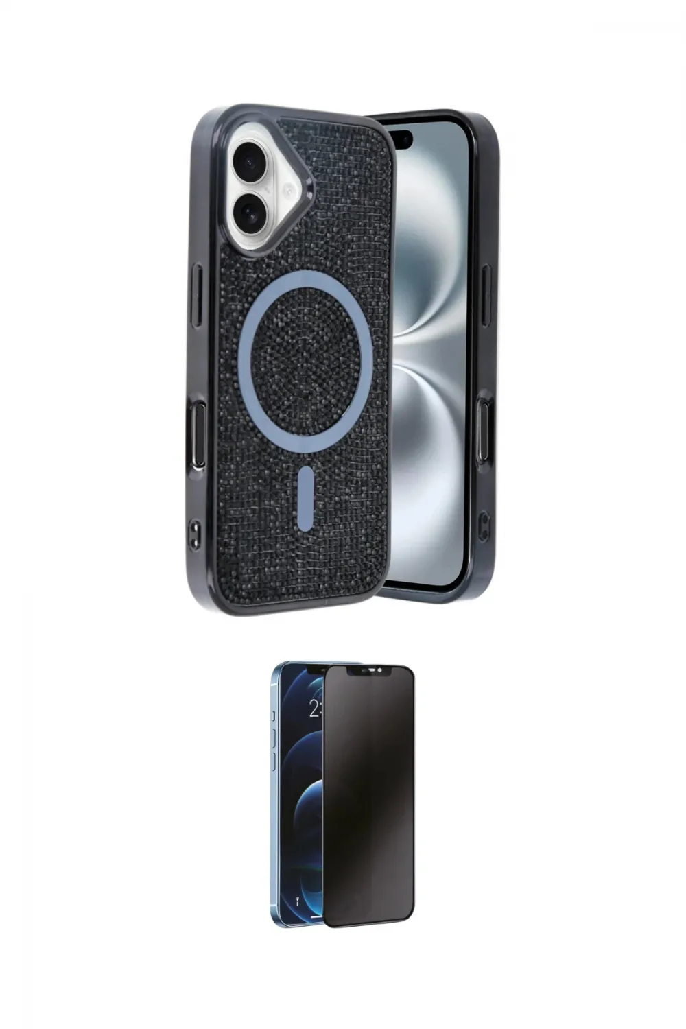 ieg™ iPhone 16 Kılıf Eksen Çizgi - Siyah 3D Antistatik Hayalet Cam Ekran Koruyucu
