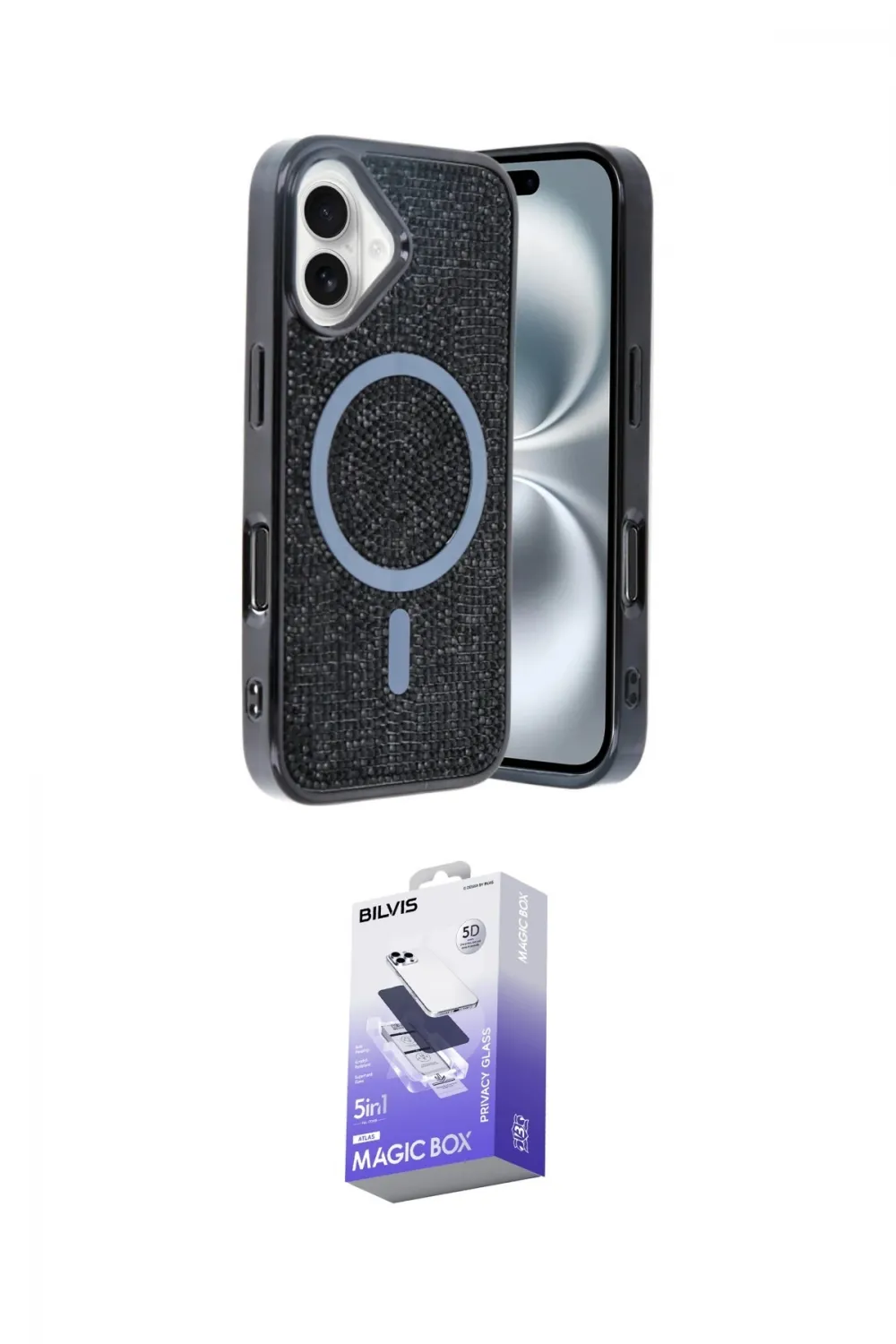 ieg™ iPhone 16 Kılıf Eksen Çizgi - Siyah Bilvis 5in1 5D Magic Hayalet Cam Ekran Koruyucu