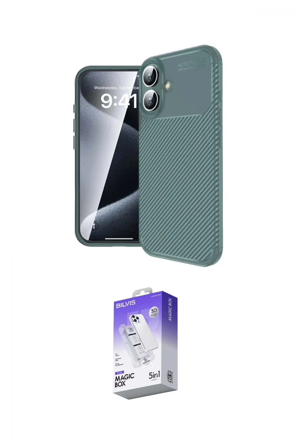 ieg™ iPhone 16 Kılıf Eksen Form Prime - Siyah Bilvis 5in1 3D Magic Cam Ekran Koruyucu
