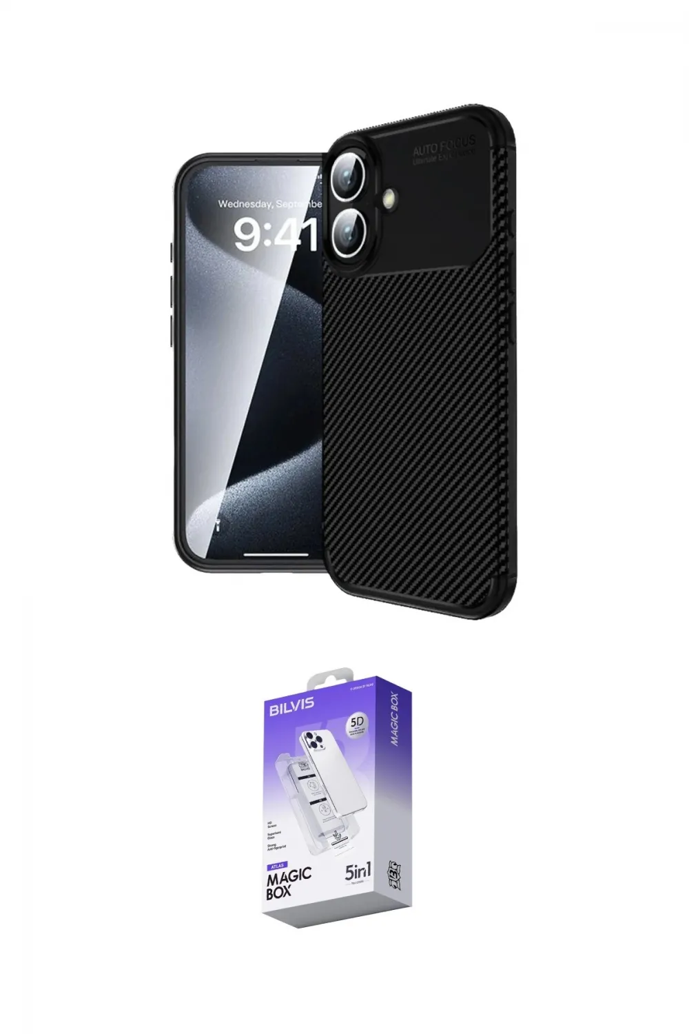 ieg™ iPhone 16 Kılıf Eksen Form Prime - Siyah Bilvis 5in1 3D Magic Cam Ekran Koruyucu